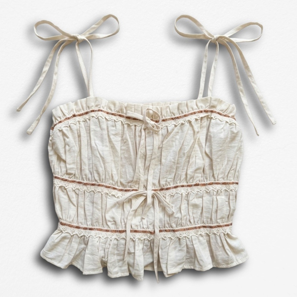 Evolutionary Fairycore Cream Lace Trim Tie Strap Smocked Crop Top Tank
